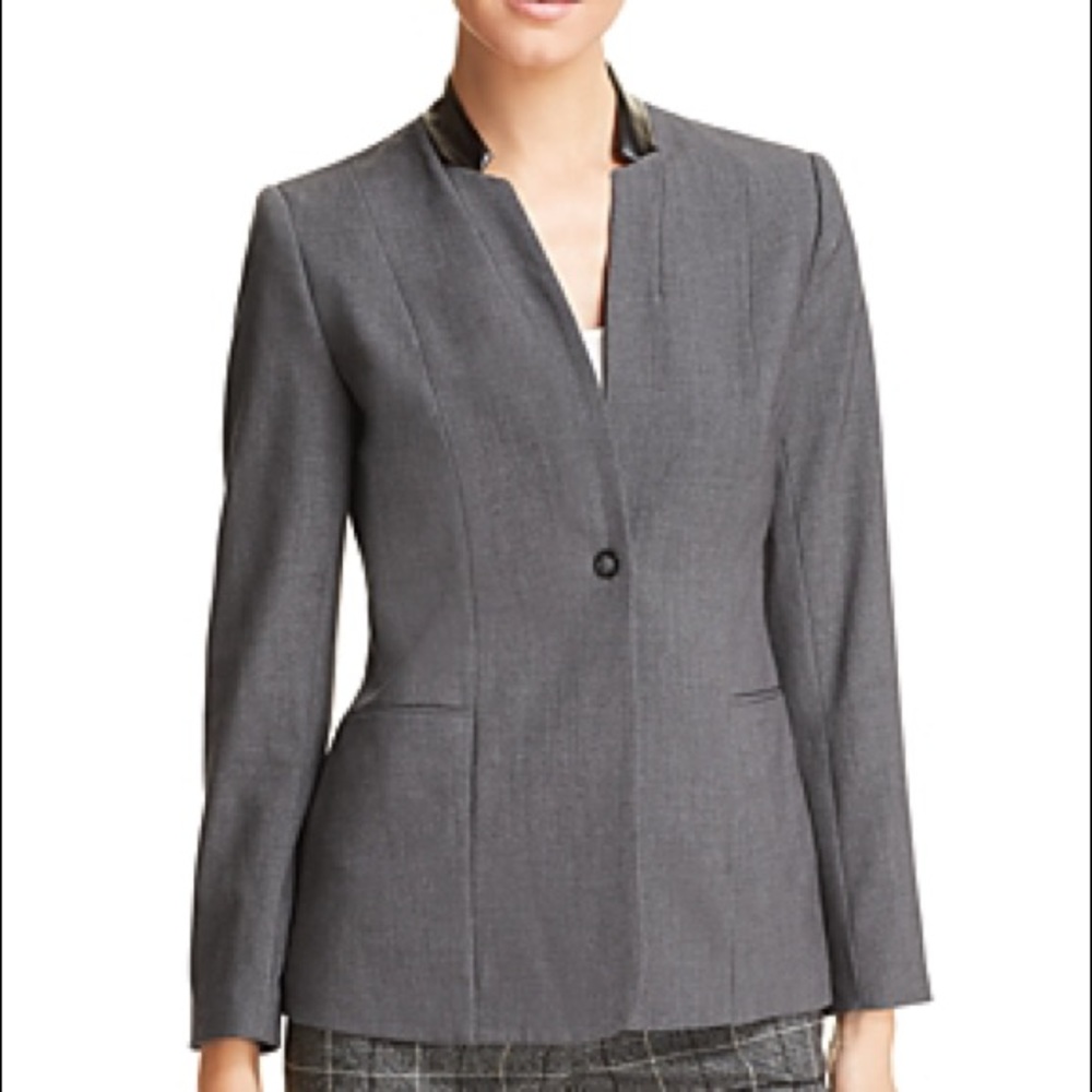 Tahari Gray blazer w/ faux leather collar NWT 10